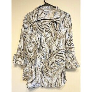 JM COLLECTION SEMI-SHEER EMBELLISHED WHITE GRAY BROWN BUTTON DOWN SZ 14 TOP